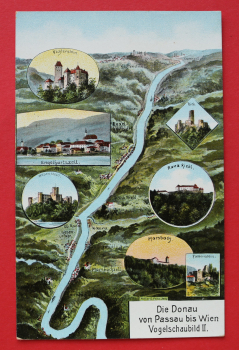AK Die Donau von Passau bis Wien / 1910-1920 / Vogelschau / Künstler Karte Eugen Felle / Falkenstein / Marsbach / Rana Riedl / Ried / Wesenstein / Engelhartszell / Vichtenstein / Oberösterreich